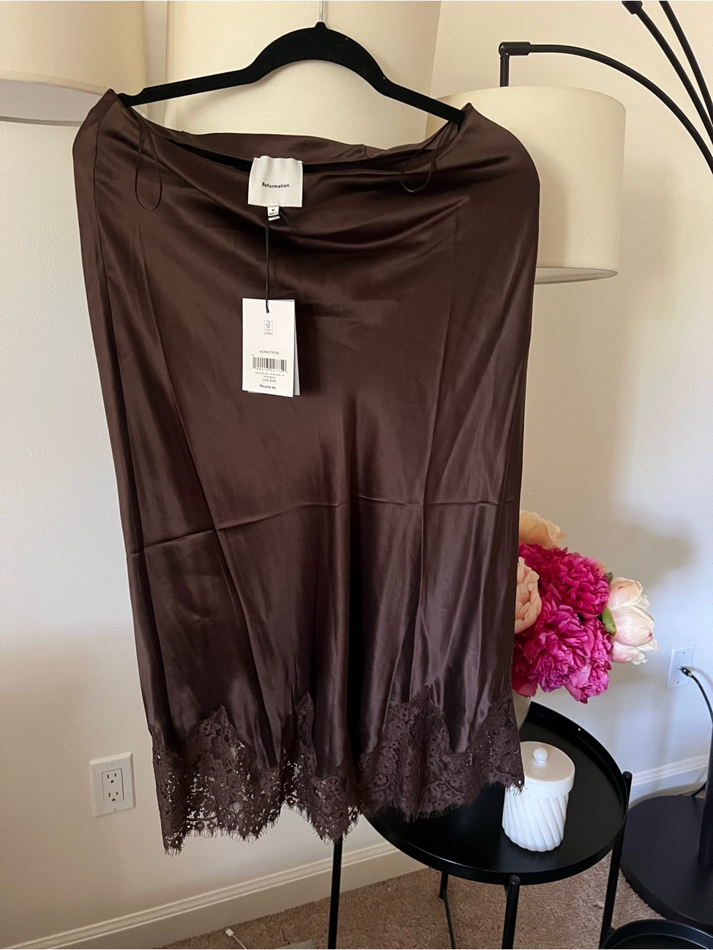Reformation Chocolate Brown Satin Midi Skirt with Lace Hem - Picture 2 of 3